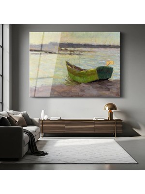 GülsenArt Claude Monet Yeşil Tekne Su Resmi Temperli Cam Tablo Duvar Tablosu Dekoratif Tablo
