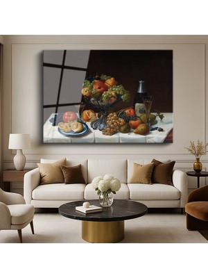 GülsenArt Johann Wilhelm Preyer Şarap Meyve Ziyafeti Natürmort Resmi Temperli Cam Tablo Duvar Tablosu Dekoratif Tablo