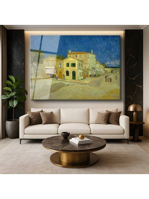 GülsenArt Vincent Van Gogh Arles Sarı Ev Kırsal Mimari Temperli Cam Tablo Duvar Tablosu Dekoratif Tablo