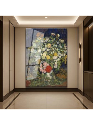 GülsenArt Vincent Van Gogh Vazo Krizantem Çiçekleri Temperli Cam Tablo Duvar Tablosu Dekoratif Tablo