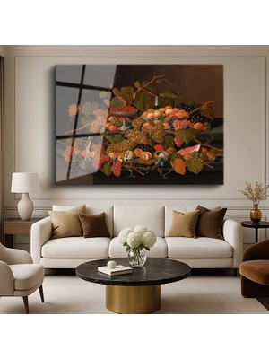 GülsenArt Johann Wilhelm Preyer Zengin Meyve Kompozisyonu Natürmort Resmi Temperli Cam Tablo Duvar Tablosu Dekoratif Tablo