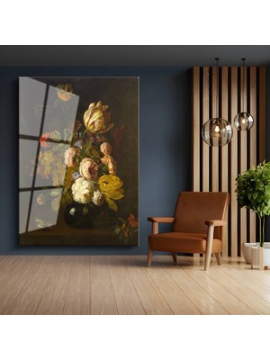GülsenArt Rachel Ruysch Zarif Çiçek Buketi Sanatı Temperli Cam Tablo Duvar Tablosu Dekoratif Tablo