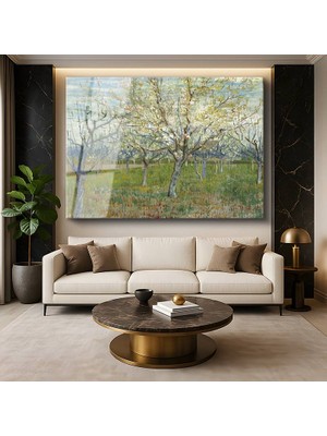 GülsenArt Vincent Van Gogh Çiçek Açan Meyve Bahçesi Bahar Manzarası Temperli Cam Tablo Duvar Tablosu Dekoratif Tablo