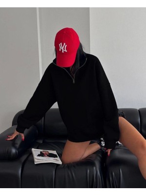 Melen Moda Yarım Fermuarlı Üç Iplik Sweatshirt - Siyah
