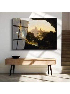 GülsenArt Thomas Cole Mağara Görünümü Doğa Manzarası Temperli Cam Tablo Duvar Tablosu Dekoratif Tablo