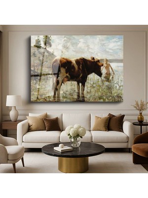 GülsenArt Constant Troyon Suda Inek Hayvan Resmi Temperli Cam Tablo Duvar Tablosu Dekoratif Tablo