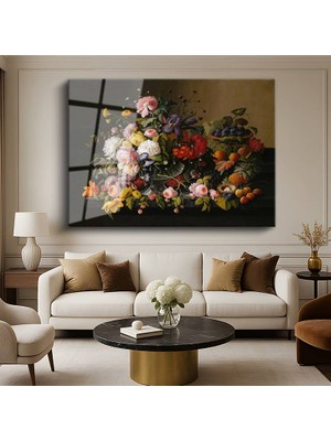 GülsenArt Severin Roesen Çiçekler Meyveler Aranjmanı Natürmort Sanatı Temperli Cam Tablo Duvar Tablosu Dekoratif Tablo