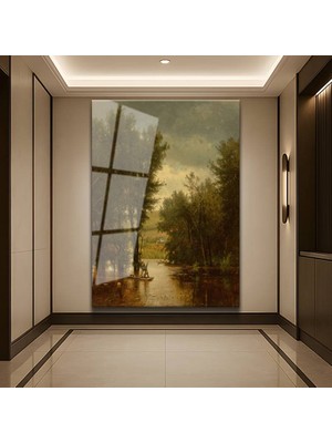 GülsenArt George Inness Nehir Kayıkçısı Su Manzarası Temperli Cam Tablo Duvar Tablosu Dekoratif Tablo