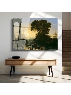 GülsenArt Claude Lorrain Liman Doğuşu Deniz Manzarası Temperli Cam Tablo Duvar Tablosu Dekoratif Tablo