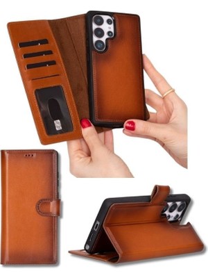 Sinerjim Samsung Galaxy S25 Ultra uyumlu, Hakiki Deri, El Yapımı, Cüzdanlı Kılıf, Gölgeli Taba