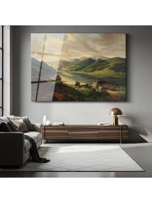 GülsenArt Albert Bierstadt Alp Dağları Peyzaj Resmi Temperli Cam Tablo Duvar Tablosu Dekoratif Tablo