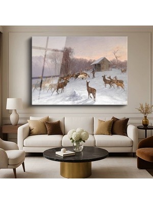 GülsenArt Arthur Fitzwilliam Tait Kış Manzarası Geyikler Doğa Resmi Temperli Cam Tablo Duvar Tablosu Dekoratif Tablo