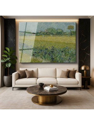 GülsenArt Vincent Van Gogh Süsenli Buğday Tarlası Çiçekli Tarla Resmi Temperli Cam Tablo Duvar Tablosu Dekoratif Tablo