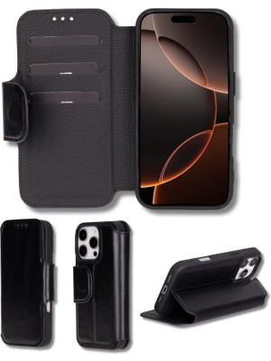 Sinerjim Apple iPhone 16 Pro Max uyumlu, Hakiki Deri, El Yapımı, Cüzdanlı Kılıf, Parlak Siyah