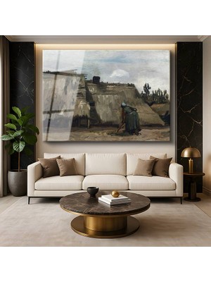 GülsenArt Vincent Van Gogh Saman Çatılı Kulübe Kırsal Mimari Resmi Temperli Cam Tablo Duvar Tablosu Dekoratif Tablo