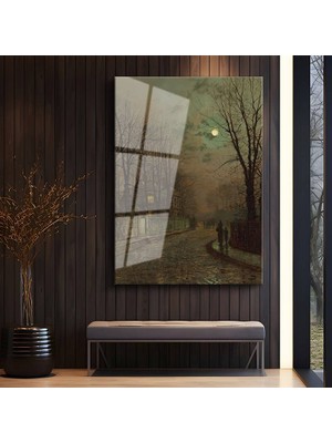 GülsenArt John Atkinson Grimshaw Romantik Mehtaplı Gece Temperli Cam Tablo Duvar Tablosu Dekoratif Tablo