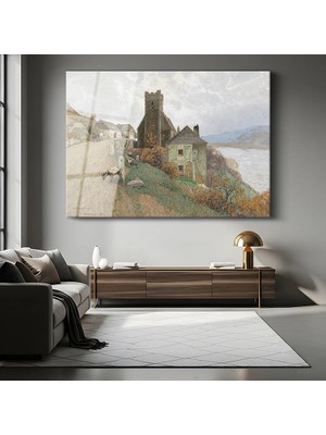 GülsenArt Herbert Menzies Marshall Sahil Köyü Deniz Manzarası Temperli Cam Tablo Duvar Tablosu Dekoratif Tablo