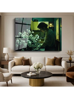 GülsenArt Olga Suvorova Çiçeklerle Kadın Kadın Portresi Temperli Cam Tablo Duvar Tablosu Dekoratif Tablo