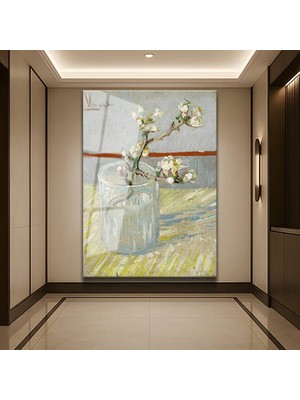 GülsenArt Vincent Van Gogh Bardak Badem Çiçeği Dalı Temperli Cam Tablo Duvar Tablosu Dekoratif Tablo