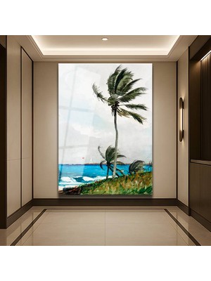 GülsenArt Winslow Homer Nassau Palmiye Ağacı Tropikal Temperli Cam Tablo Duvar Tablosu Dekoratif Tablo