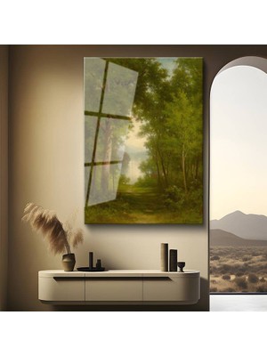 GülsenArt A.f. Bunker Yeşil Orman Patika Yolu Temperli Cam Tablo Duvar Tablosu Dekoratif Tablo