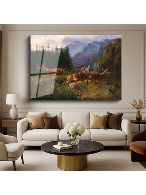GülsenArt Moritz Müller Dağlarda Geyikler Vahşi Doğa Resmi Temperli Cam Tablo Duvar Tablosu Dekoratif Tablo