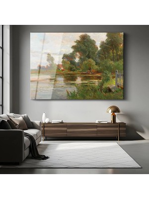 GülsenArt Henri Harpignies Nehir Kıyısı Doğa Resmi Temperli Cam Tablo Duvar Tablosu Dekoratif Tablo