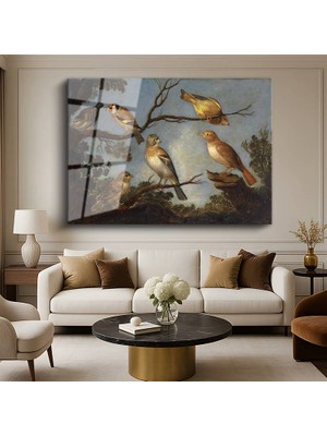 GülsenArt Francis Barlow Ağaç Dalları Kuşlar Doğa Resmi Temperli Cam Tablo Duvar Tablosu Dekoratif Tablo