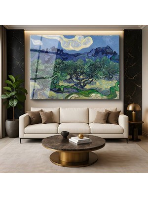 GülsenArt Vincent Van Gogh Zeytin Ağaçları Akdeniz Doğası Temperli Cam Tablo Duvar Tablosu Dekoratif Tablo
