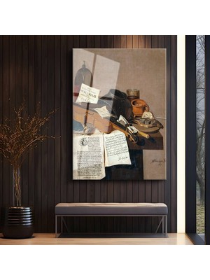 GülsenArt Pieter Claesz Müzik Aleti Natürmort Temperli Cam Tablo Duvar Tablosu Dekoratif Tablo