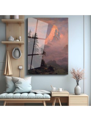 GülsenArt Thomas Moran Gün Batımı Dağ Manzarası Temperli Cam Tablo Duvar Tablosu Dekoratif Tablo