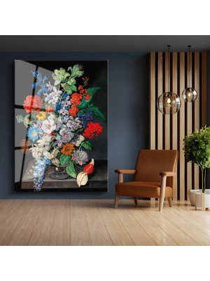 GülsenArt Jan Frans Van Dael Renkli Çiçek Buketi Sanatı Temperli Cam Tablo Duvar Tablosu Dekoratif Tablo