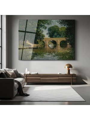 GülsenArt Claude Monet Nehir Üzerinde Köprü Resmi Temperli Cam Tablo Duvar Tablosu Dekoratif Tablo