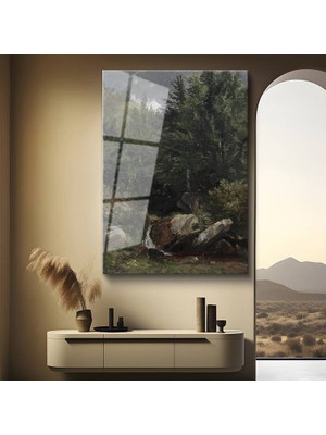 GülsenArt Asher Brown Durand Orman Şelalesi Doğa Manzarası Temperli Cam Tablo Duvar Tablosu Dekoratif Tablo