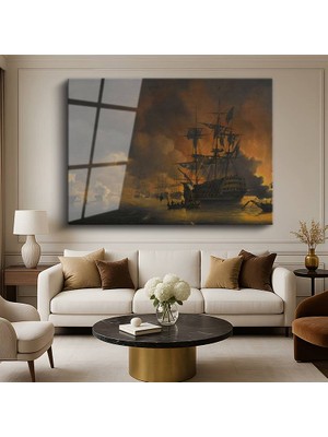 GülsenArt Joseph Mallord William Turner Deniz Savaşı Tarihi Resmi Temperli Cam Tablo Duvar Tablosu Dekoratif Tablo