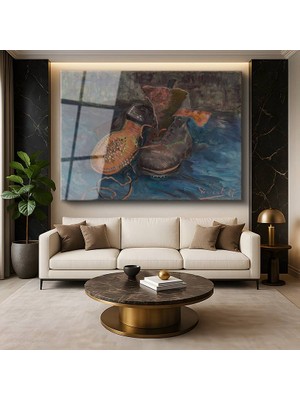 GülsenArt Vincent Van Gogh Bir Çift Ayakkabı Günlük Eşya Resmi Temperli Cam Tablo Duvar Tablosu Dekoratif Tablo