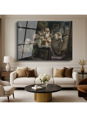 GülsenArt Gabriel Von Max Maymun Eleştirmenler Komik Hayvan Resmi Temperli Cam Tablo Duvar Tablosu Dekoratif Tablo