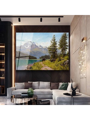 GülsenArt Albert Bierstadt Dağ Gölü Doğa Manzarası Temperli Cam Tablo Duvar Tablosu Dekoratif Tablo