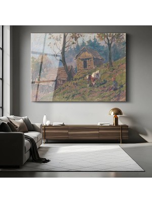 GülsenArt Jean-François Millet Çiftlik Evi Kırsal Manzarası Temperli Cam Tablo Duvar Tablosu Dekoratif Tablo