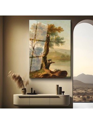 GülsenArt Joseph Mallord William Turner Göl Kenarı Balıkçı Manzarası Temperli Cam Tablo Duvar Tablosu Dekoratif Tablo