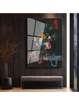 GülsenArt Jan Van Huysum Renkli Çiçek Sanat Kompozisyonu Temperli Cam Tablo Duvar Tablosu Dekoratif Tablo
