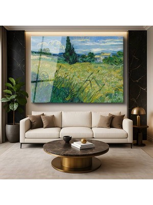 GülsenArt Vincent Van Gogh Buğday Tarlası Servi Kırsal Manzara Temperli Cam Tablo Duvar Tablosu Dekoratif Tablo