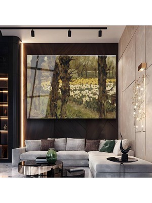 GülsenArt Vincent Van Gogh Nergis Bahçesi Çiçek Resmi Temperli Cam Tablo Duvar Tablosu Dekoratif Tablo