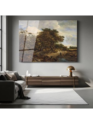 GülsenArt Jacob Van Ruisdael Meşe Ağaçlı Kırsal Manzara Temperli Cam Tablo Duvar Tablosu Dekoratif Tablo