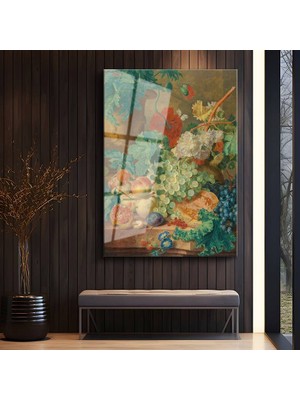 GülsenArt Jan Van Huysum Meyve Çiçek Karışık Kompozisyon Temperli Cam Tablo Duvar Tablosu Dekoratif Tablo