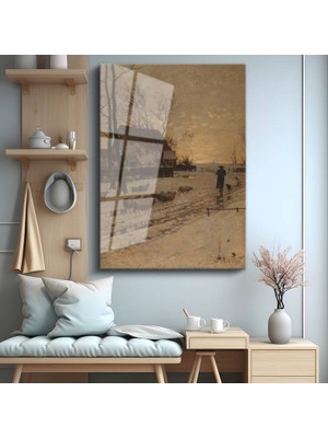 GülsenArt Joseph Farquharson Kış Çoban Kar Manzarası Temperli Cam Tablo Duvar Tablosu Dekoratif Tablo