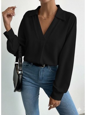 Wmpulse Kadın V Yaka Uzun Kollu Mosskrep Kumaş Bluz