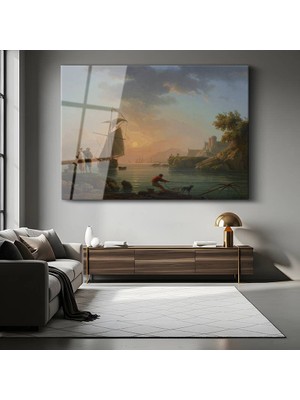 GülsenArt Claude Joseph Vernet Akdeniz Limanı Günbatımı Temperli Cam Tablo Duvar Tablosu Dekoratif Tablo
