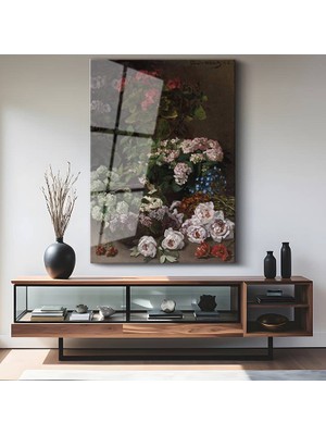 GülsenArt Claude Monet Bahar Çiçekleri Renkli Buket Temperli Cam Tablo Duvar Tablosu Dekoratif Tablo