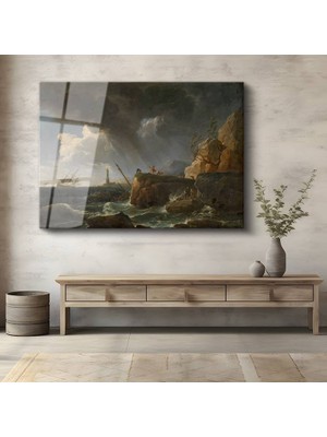 GülsenArt Claude Joseph Vernet Fırtınalı Deniz Dalga Manzarası Temperli Cam Tablo Duvar Tablosu Dekoratif Tablo